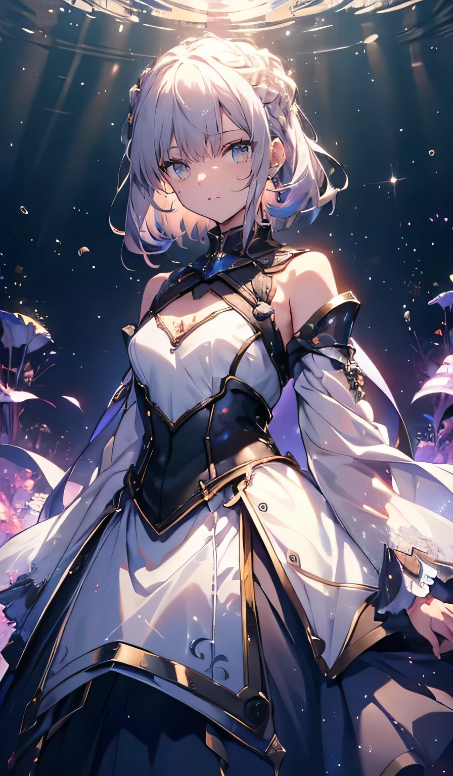 (whole body),masterpiece, Highest quality, High resolution, male, short hair, Hello, Red eyes, Large Breasts, Cleavage, Epaulettes, White gloves, - Elbow hand pockets, Purple Skirt, Knee socks, Cowboy Shot, (Pose in front),straight, street,Low Angle,Downから,Down