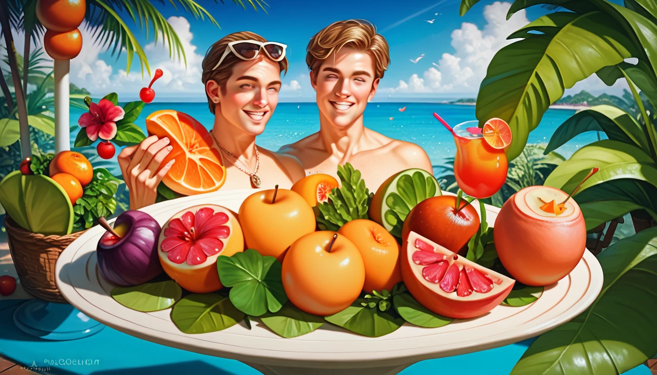 Two young cute handsome slim tall white men together on the beach with swimsuit and coconut in their hand