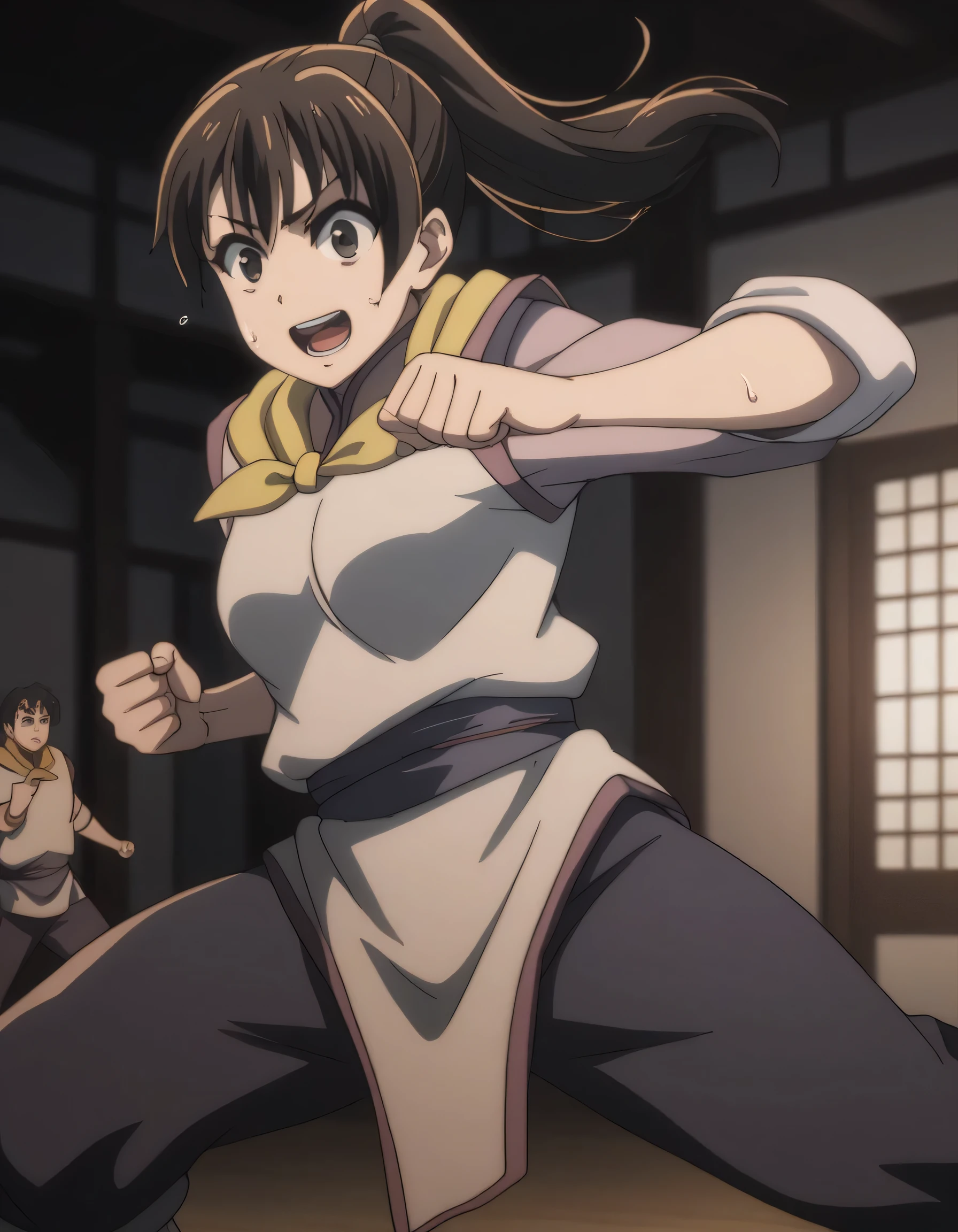 score_9, score_8_up, score_7_up, gsfghtr, multicolored robe, neckerchief, white panties, 1girl, sweating, fighting stance, smile, open mouth, dojo