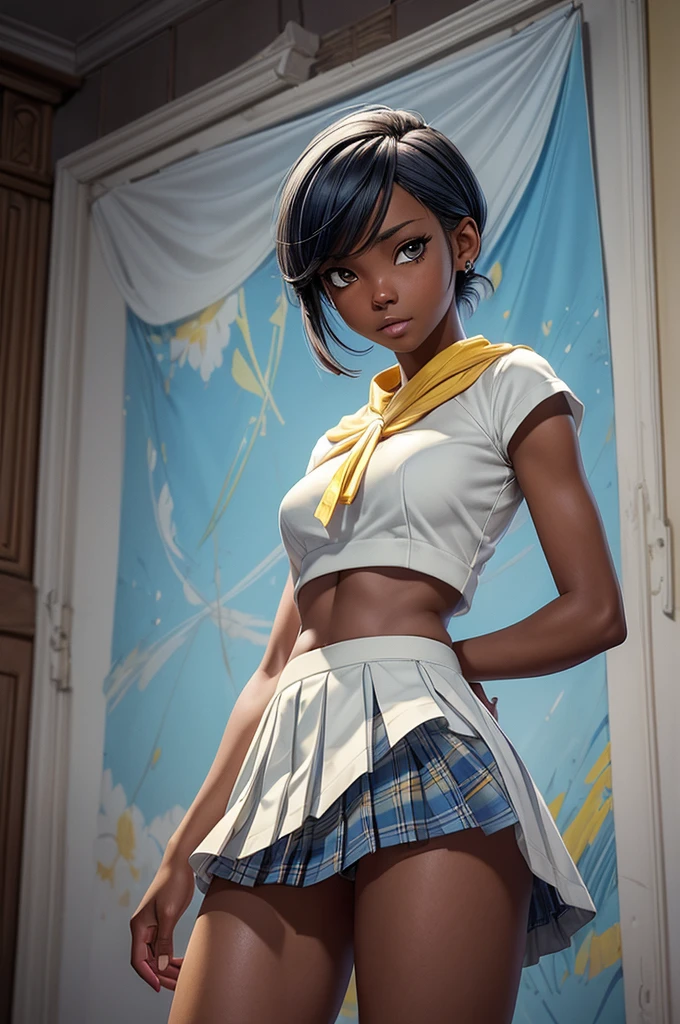 masterpiece, best quality,Ray tracing, hdr, volumetric lighting,
1girl,
 <lora:Darkskin_Ebony_FefaAIart:1>,
High cheekbones, full lips,Natural black curls,  Deep brown hair, athletic build,
dark skin, ebony, afro hair, (black power hair:1.3),
<lora:MicroSkirt_FefaAIart:0.8>, microskirt, panties,