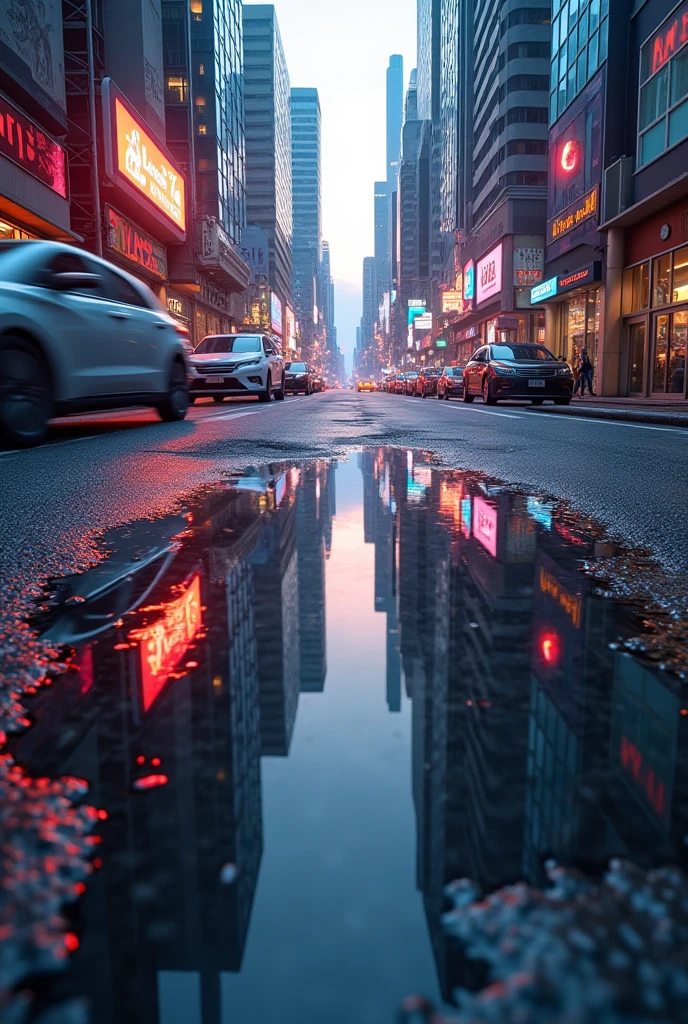 A beautiful and emotional view of a futuristic city reflected in a round puddle on the sidewalk, showcasing realistic details, vibrant colors, and an atmosphere of wonder, cyberpunk, cityscape, reflection, water.