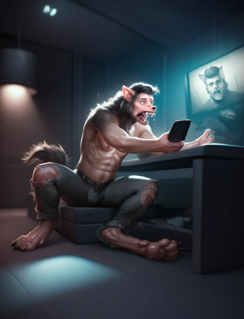 Man sitting on the floor in a living room, werewolf, moonlight, ransforming into werewolf, mid transformation, in pain, shocked, pants, 4k, raw, dark concept, cinema, horror realistic, photorealistic dark concept art, gloomy dramatic light, dramatic cinematic, detailed fur, drawing style, dim colours, photorealistic dark concept art