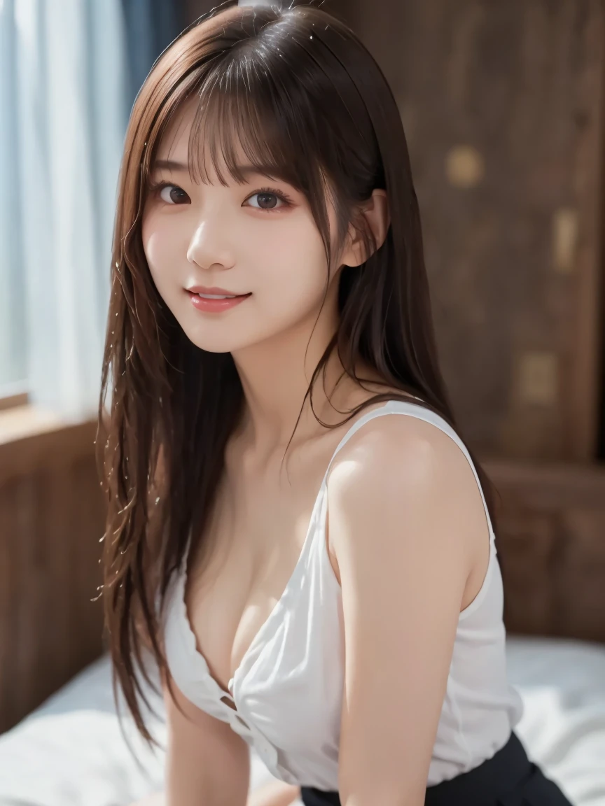   white shirt 、   complex and beautiful eyes、woman、 womanらしい黒髪、 skirt、( Delicate and realistic hair、１Realistic hair)、bangs、  natural colored lips、(smile : 1.1)、((white indoor ))、((18歳woman:1.2))、   sit on the face of a young and adorable Japanese person,  Official Art，  very detailedなCGユニティ8Kの壁紙，（masterpiece:1.0),( best quality:1.0), 超 View in high resolution ,4K,  very detailed, photo shoot, 8k,  NFSDW  ,  View in high resolution ,   Kodak Portrait 400  ,   film grain,   Lens Flare Glow  ,高いest quality,8k, NFSDW  :1.2),    as a portrait shot ,8k、  viewer, (((Front View))), (((Front View))), ((facing))、 body facing forward、Bold Cleavage、 Tight chest、  small face ,  best quality、 Super beautiful images、stand up