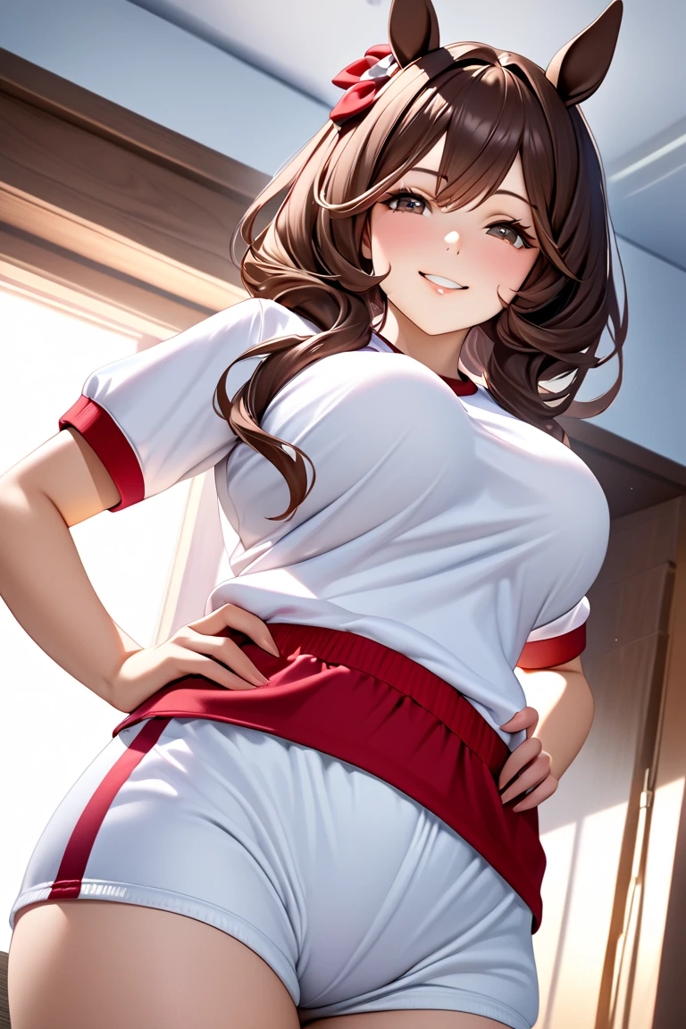 A woman posing at bed room and heart hair accessory, Enchanting anime girl, Realistic,masterpiece,gentildonna,Tucked up, shy,seductive smirk,horse ear,white gym uniform,red buruma,big breast,big hip,hand on hip,from below,extreme closed up to breast,bright bed room,sunlight,dark brown hair