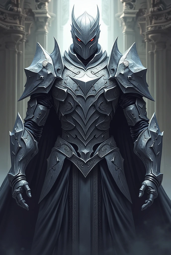 extremely detailed 8k wallpaper), intricate, richly detailed, dramatic, The Dragon Lord wears highly detailed black steel shoulder pads modeled after dragon heads with shimmering silver trimmings and ornaments, an overlying gray cloak with an extremely detailed large hood that goes deep into the bearded sinister Face is drawn with only a pair of red eyes peeking out from underneath, highly detailed gray feathered dragon wings with translucent membranes, insanely realistic graphics, insanely detailed detailing, ultra realistic and highly detailed heavy black steel armor with shiny silver glitter detailing on a gray tunic, extremely detailed heavy black armor Steel gloves, steel boots with reinforced shiny silver ornaments, the light is reflected on the ornaments, glowing ash trickles from the torches in the vaulted passage during the leisurely walk through the somber cathedral, show whole person with some distance to the surroundings to come into their own permit,