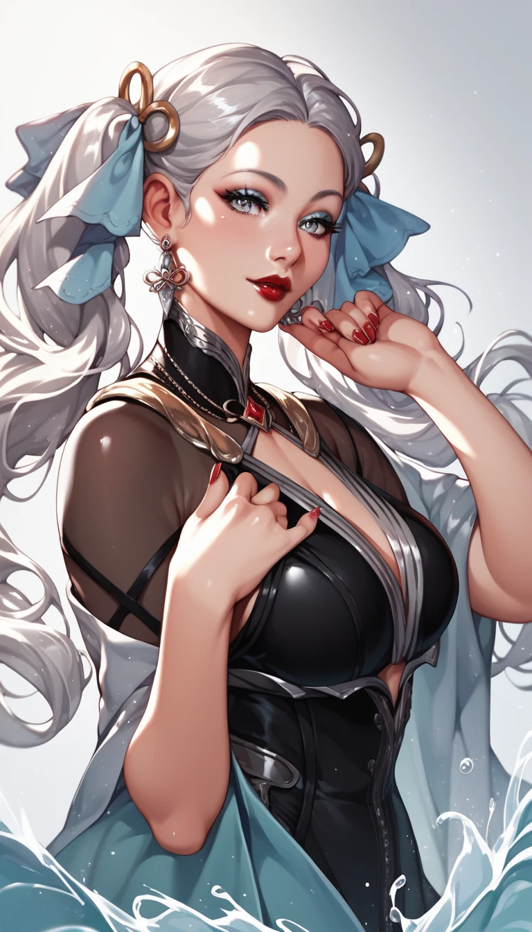 Hot beautiful jinhsi, wuthering waves,twin tails,long earrings ,silver hair,silver eyes,black dress ,red lipstick,makeup, detailed face,big breast 