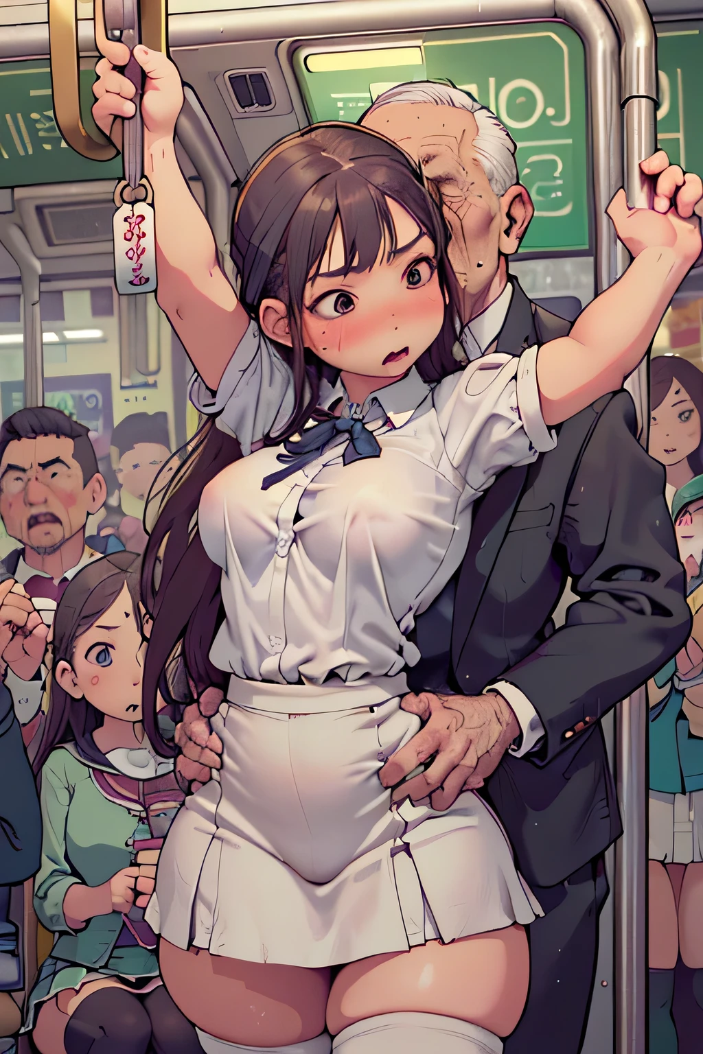 (SFW), ((photorealistic)), (masterpiece), (best quality:1.3), absurdness, [:intricate details1.3], SFW, realistic, masterpiece, (((VERY crowded subway train interior detailed scenario, VERY crowded subway train interior detailed background))), standing insanely hot (young small girl1) using ((school uniform)), ((behind skirt lifted)), ((3/4 white stockings)), ((big ass)), ((thick thighs)), ((arms up)), ((fear/shocked expression)), (blushed face), ((perfect body proportions)), ((very old/ elder man pressing his pelvis against young woman 1 ass)), (((very old/ elder man pressing his chest on young woman 1 back))) and (((holding her hips))).