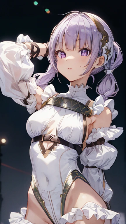  upper body,Charprakta, 1 girl,Alone, medium breasts,  light purple hair ,Long Pigtails,ear covers,( white leotards , high leg,frills),white kneehighs,masterpiece, noise reduction ,perfect anatomy, high definition ,  super detailed,Game CG, Dutch angle , beautiful detailed eyes, visual art , five fingers ,   perfect hand,  perfect lighting,