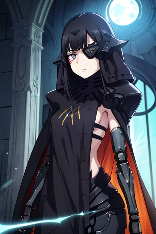 best quality, highly detailed, dark shadows, inside a church, moonlight, bioluminescence , Nitorization, 9a91normal, 1girl, glaring, empty eyes, expressionless, ( mechanical arms:1.1), cape, capelet, (black dress:0.75),long veil, headgear, black arms, from the front,