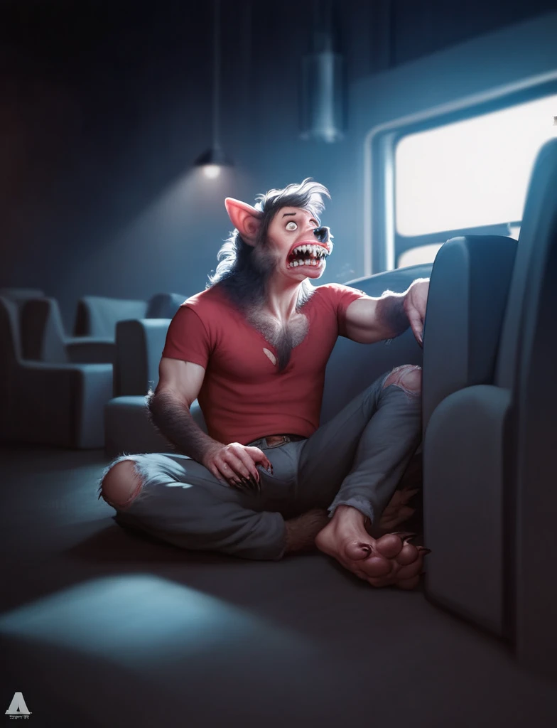 Man sitting on the floor in a living room, werewolf, moonlight, ransforming into werewolf, mid transformation, in pain, shocked, pants, 4k, raw, dark concept, cinema, horror realistic, photorealistic dark concept art, gloomy dramatic light, dramatic cinematic, detailed fur, drawing style, dim colours, photorealistic dark concept art