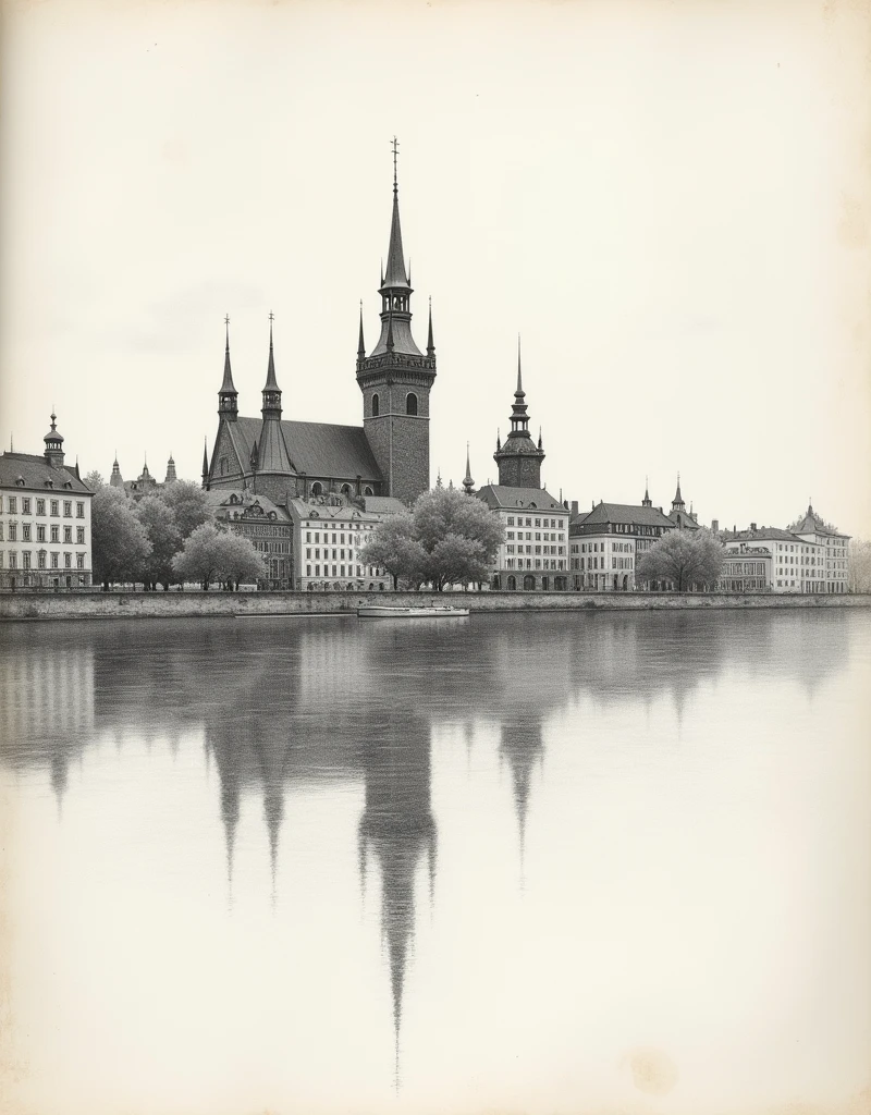  pencil black and white drawing with a simple pencil ,  reflection in the bay water of an ancient Prussian city , lots of small details , drawing in the center  , The edges of the sheet are not used ,  Old paper texture ,