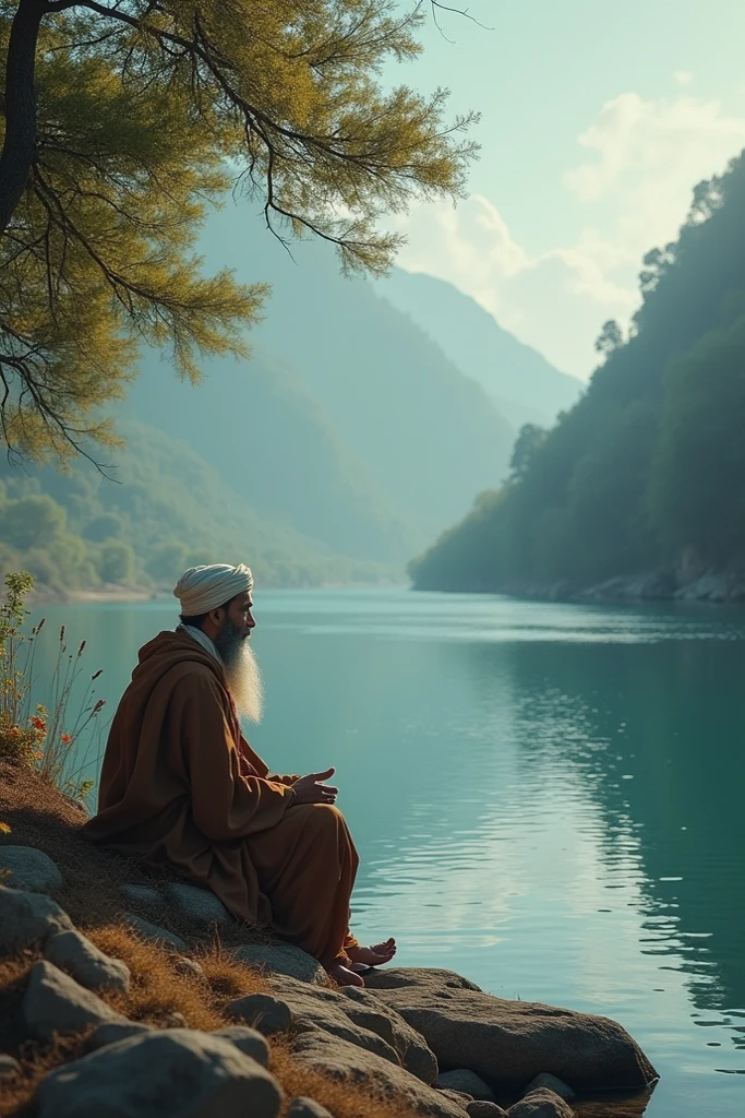 A Muslim with 4 inch beard and wearing Muslim cap sitting flowing river in cave with mountain environment in remembrance of Allah