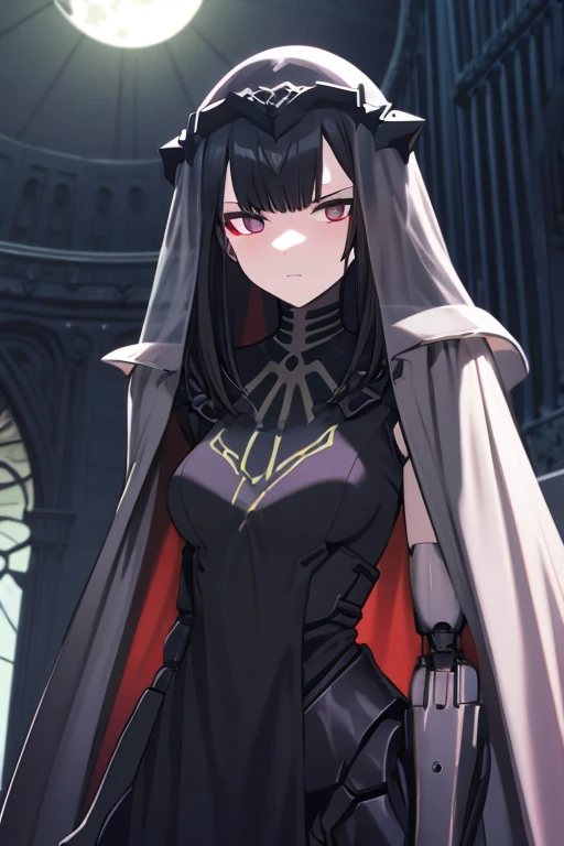 best quality, highly detailed, dark shadows, inside a church, moonlight, bioluminescence , Nitorization, 9a91normal, 1girl, solo, glaring, empty eyes, expressionless, ( mechanical arms:1.1), cape, capelet, (black dress:0.75),long veil, headgear, black arms, upper body, from the front,