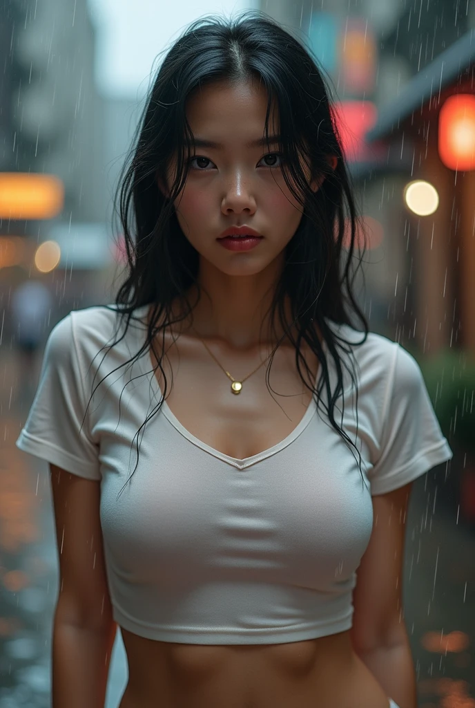 Korean Woman walking  ((on city street)),  ((fully clothed)), ((overcoat)), white shirt, ((barefoot)), jewelry, large earrings, closeup fantasy with water magic, housewife, late night, dark, busy street, cinematic, playful, gentle smile, clothes made of water, photorealistic, dripping wet, beautiful realistic photo, hyperrealistic fantasy photo,  close up, narrow depth of field, 8k, ((drenched)), ((soaked)), (dripping water), dripping oil, heavy clothes, soaked in oil, medium breasts, wet street, wet all over, wet dripping hair, varied poses, portrait, close-up