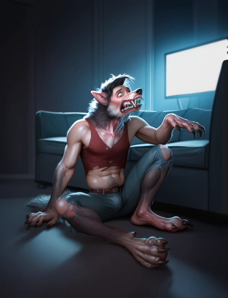 Man sitting on the floor in a living room, werewolf, moonlight, ransforming into werewolf, mid transformation, in pain, shocked, pants, 4k, raw, dark concept, cinema, horror realistic, photorealistic dark concept art, gloomy dramatic light, dramatic cinematic, detailed fur, drawing style, dim colours, photorealistic dark concept art