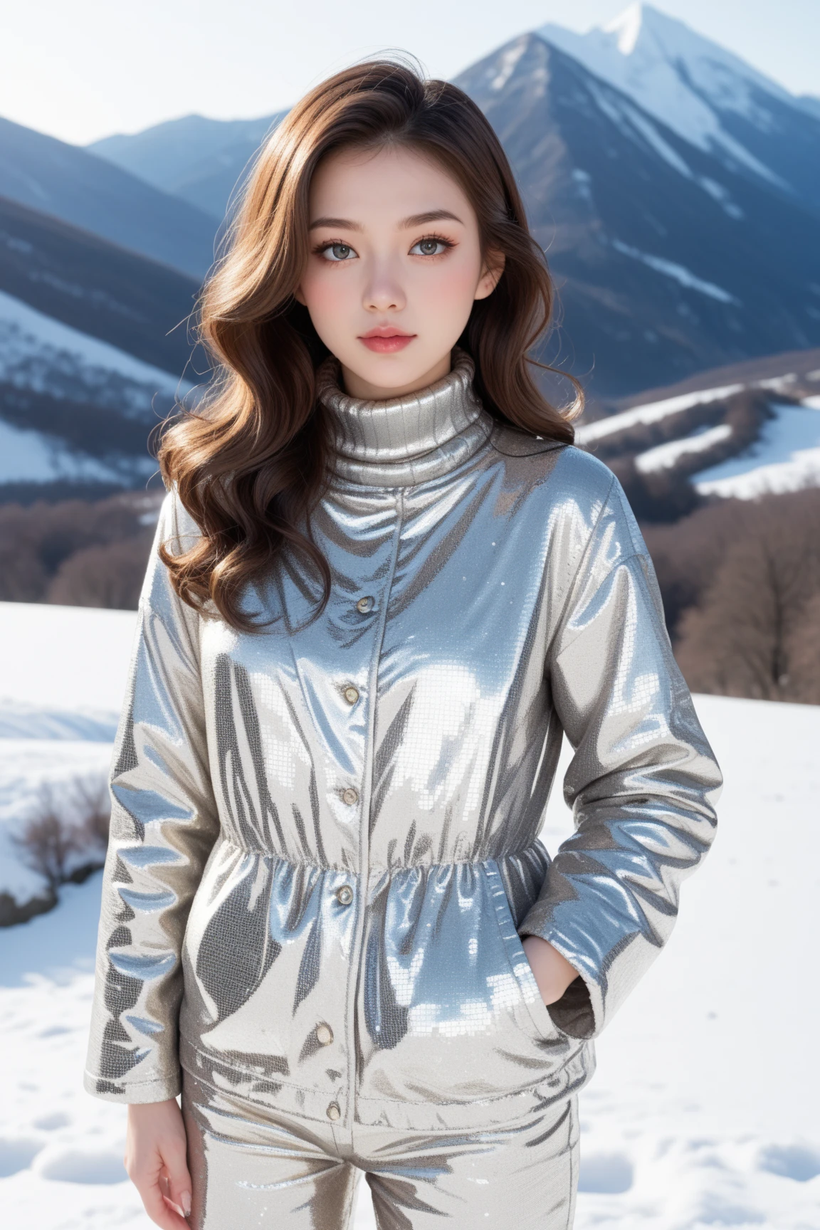 A trendy Japanese fashion model in her late 20s with long wavy brown hair, wearing a shimmering silver sequin jacket over a chic turtleneck and slim trousers, standing in a faux snowy landscape. Her expression is enchanting and mysterious, aiming to captivate social media followers. Full-body shot.