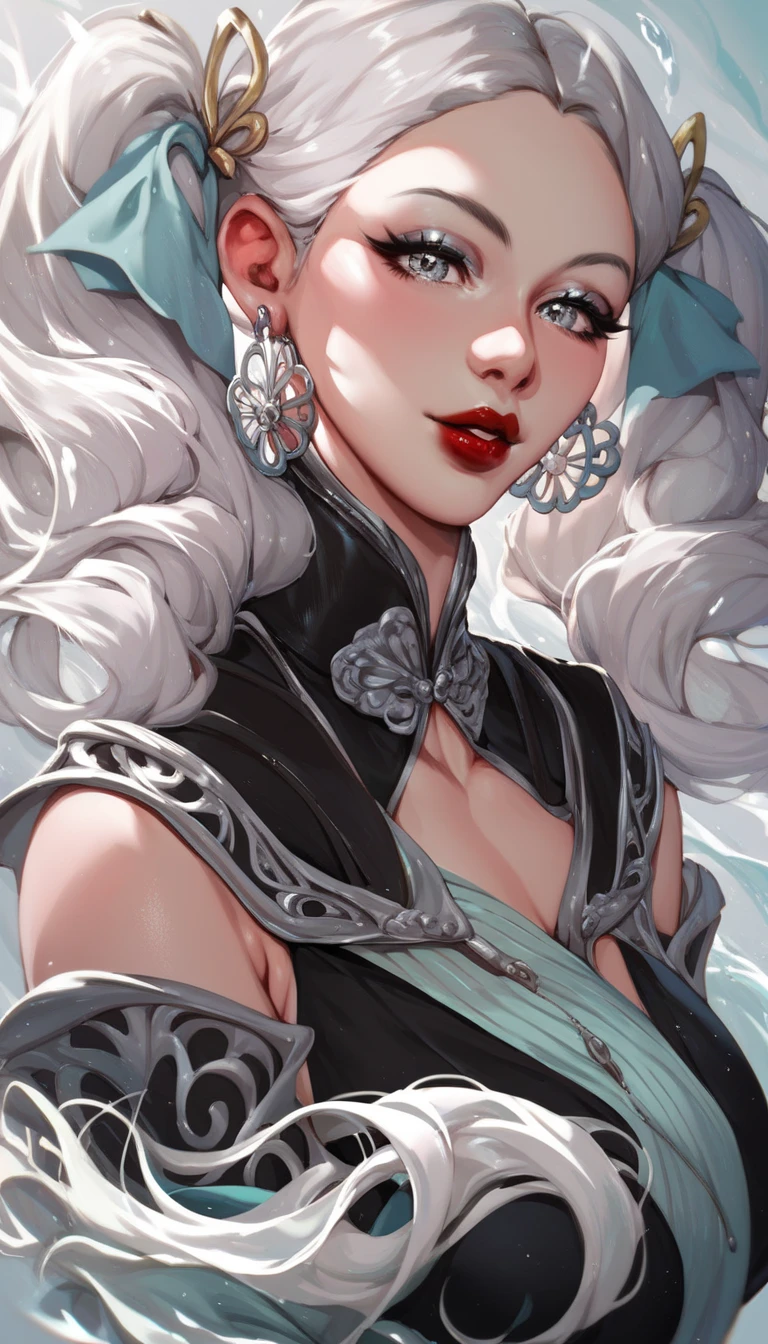 Hot beautiful jinhsi, wuthering waves,twin tails,long earrings ,silver hair,silver eyes,black dress ,red lipstick,makeup, detailed face,big breast 