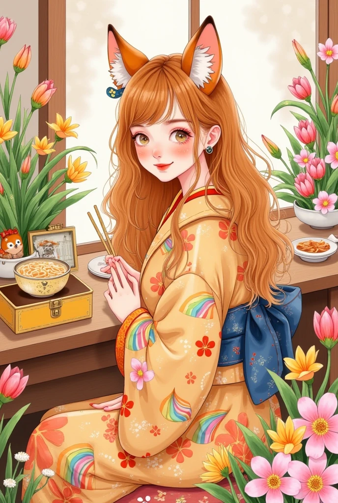 side view, alone,Jacket,( looking at the audience :1.3),( Caramel Golden Wave Head ),Fox ears, Smile, with eyes closed,( Beautiful Seasonal Flowers ， A sand-colored rainbow pattern kimono), Old Japanese House ,indoor,( Eating Japanese Noodles :1.2),Japanese chopsticks,desktop,( I am an email character ),(Enchanted Treasure Chest :1.3),Little Fox(animal),( comic style),(sketch),(illustration),