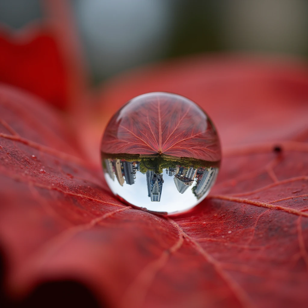  photo macro photography ,  close-up ,  a drop of water on a scarlet maple leaf ,  which will reflect the modern city around , cityscape reflected in a drop of water , incredibly photographic image quality,close view to a drop ,