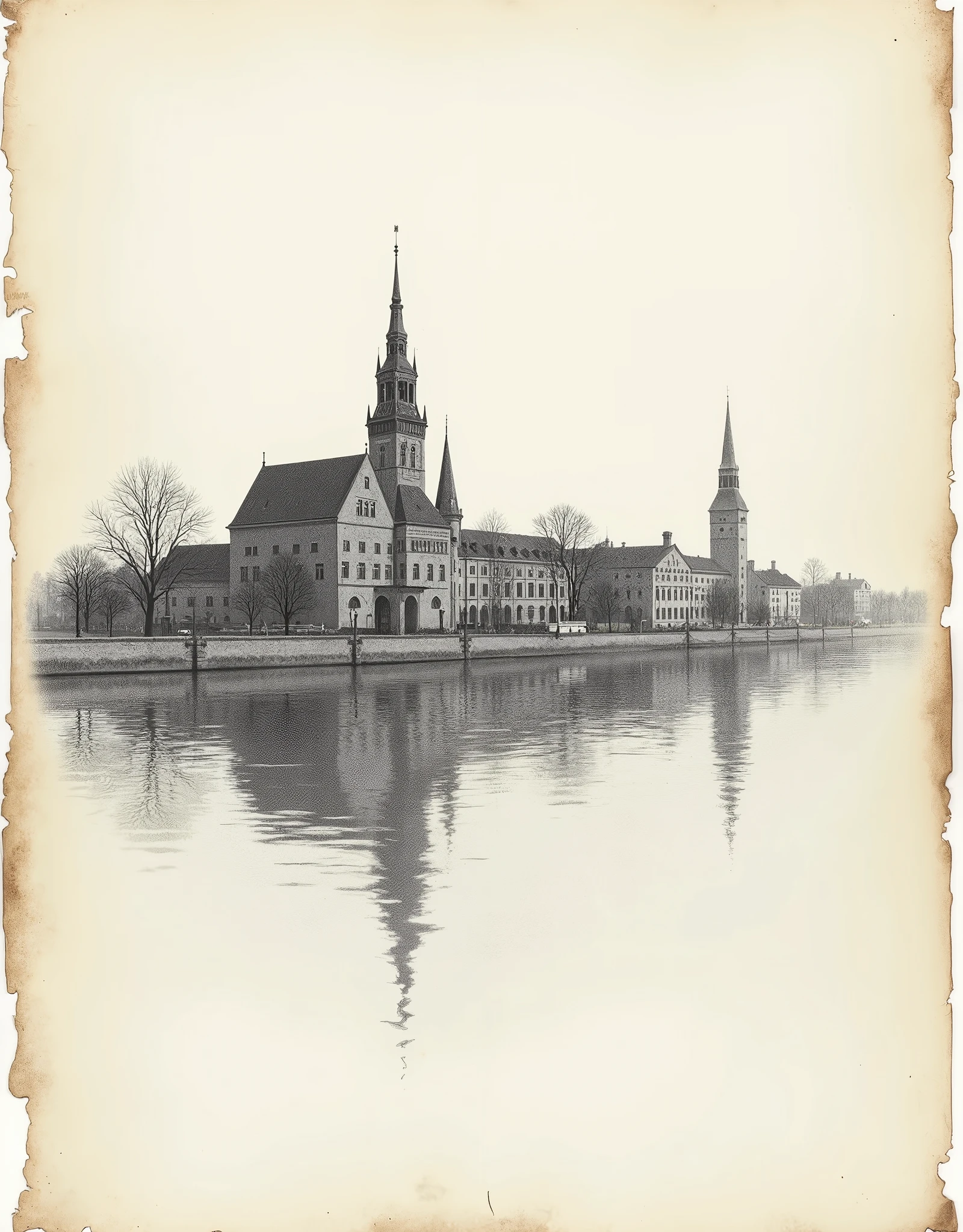  pencil black and white drawing with a simple pencil ,  reflection in the bay water of an ancient Prussian city , lots of small details , drawing in the center  , The edges of the sheet are not used ,  Old paper texture ,