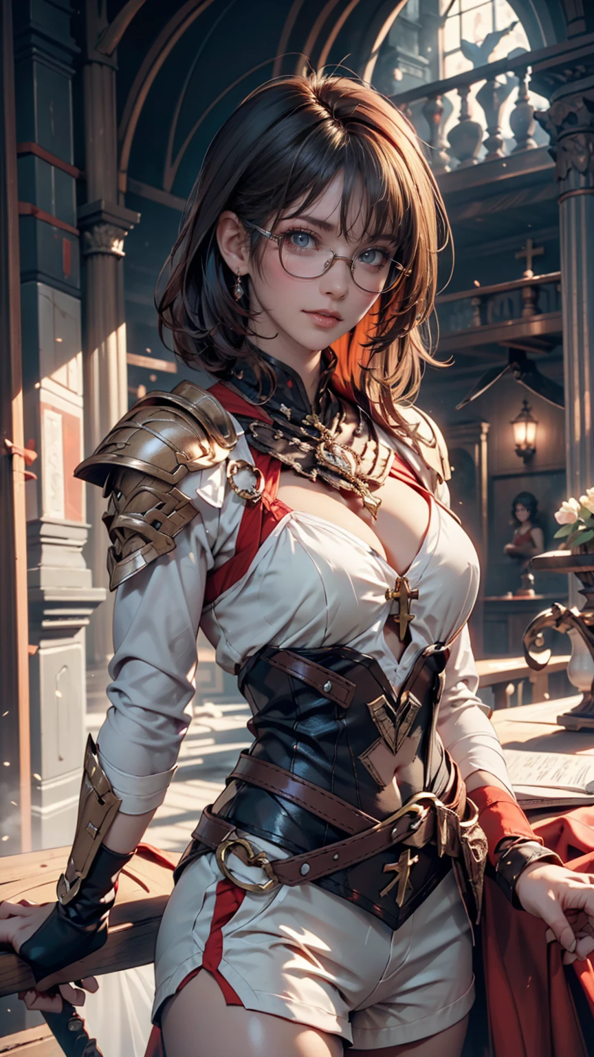 masterpiece , girl, In the Field, ( Light white short hair:1.2), (Red eyes:1.2), (Crossader:1.2), (View your viewers:1.2) , (8k, 最high quality 1.2), Very detailed, 8k uhd, Soft lighting, high quality, Film Grain, Beautiful lighting, Cinematic ,Perfect body , Sexy proportions、Narrow waist、Erotic female body、Alluring、Best lighting, Best Shadow, Sharpness, Contrast, Red glasses, Messy Hair, , Absurd high definition faces, Steel Armor, Large sword