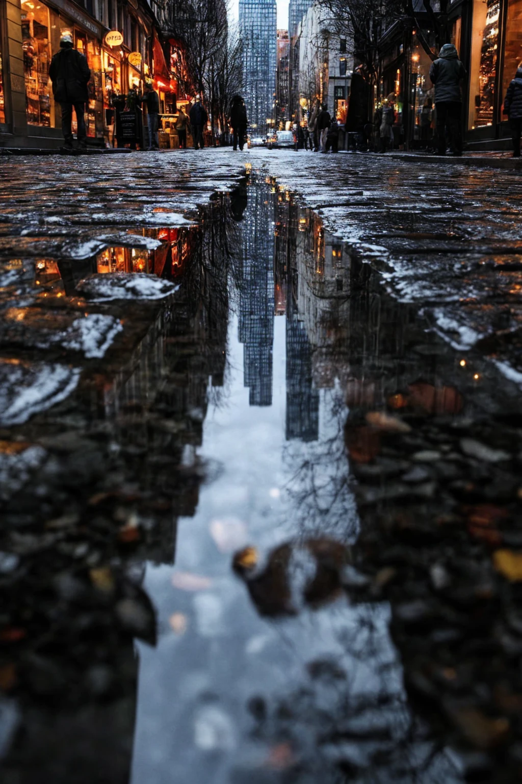 close-up of a cup of coffee with the reflection of the city can be seen in it