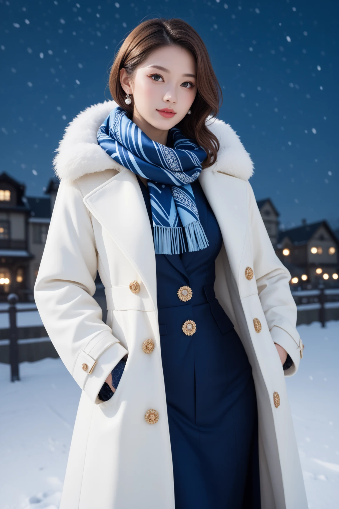 A chic Japanese model with her long brown hair in elegant waves, wearing a sophisticated midnight blue wrap coat, accessorized with a silk scarf and designer gloves. She poses under a clear winter night sky, her somber expression adding to the mystique of the scene. Designed for social media impact, full-body shot.