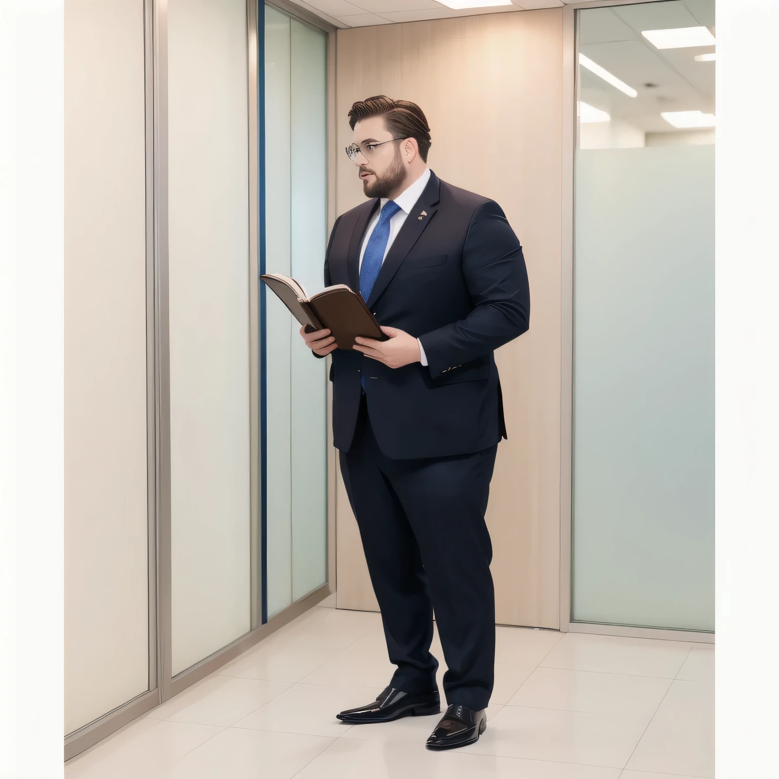 An American man in a suit and tie , Holding a book ,American man ,Slightly fat, light brown hair, blue eyes , wearing a dark black suit , Formal Wear, full-body photo , Black three-piece suit , Plus size three-piece suit,Formal suit, jacket with buttons clasped ,Company office scene ,office,Office Area,Meeting Room,,Company Office Area ,