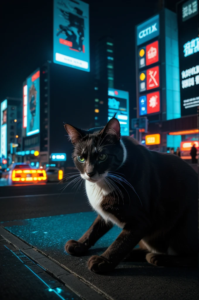 detailed cyberpunk cat, highly detailed cyborg cat, futuristic robotic cat, detailed sci-fi cat, hyper realistic cat, 1 cat, intricate futuristic landscape, advanced neon city, dystopian future city, glowing holographic elements, cinematic lighting, vibrant colors, dramatic shadows, moody atmosphere, photorealistic, 8k, ultra-detailed, masterpiece