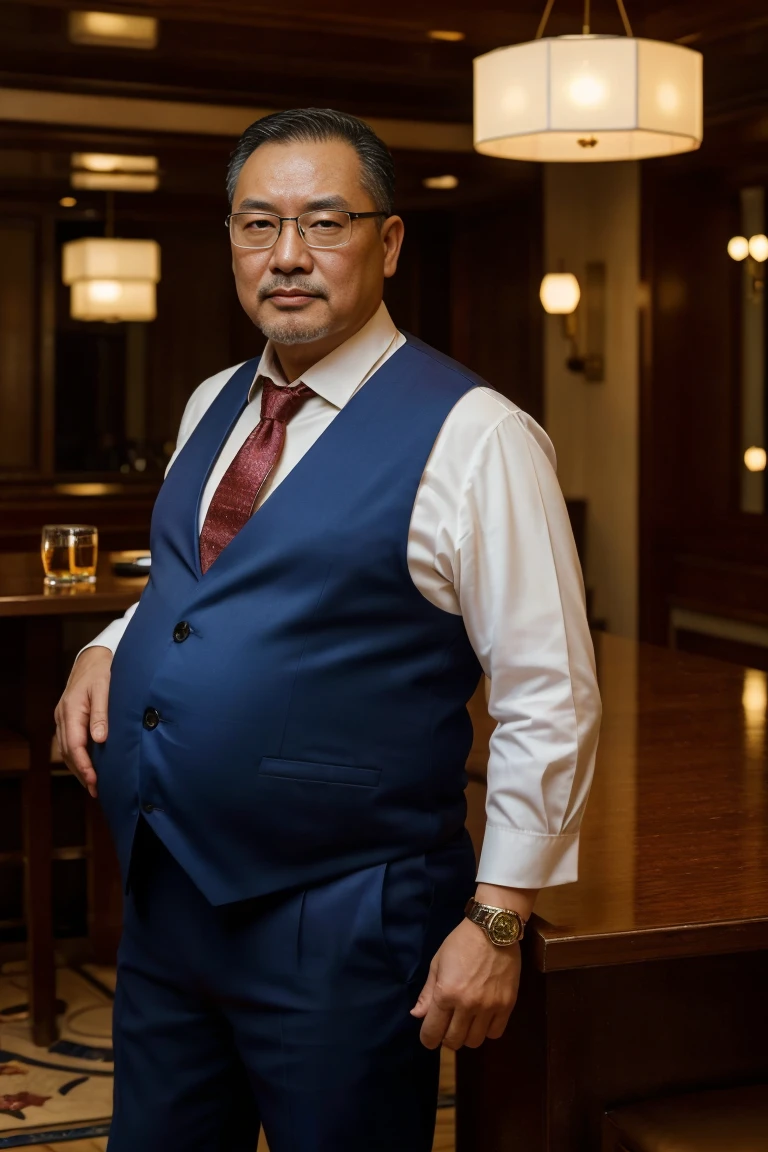 ( high quality , actual ,photo actual :1.37),( is of the best quality,4K,8K, high resolution,masterpiece:1.2),portrait,50-year-old Chinese man, displeased ,50 years,waiter,Father,type,Elegant and bright bar , bright and soft lighting, rich color . suit ，Wearing glasses，fat，Beer belly，pregnant，beard，Goatee