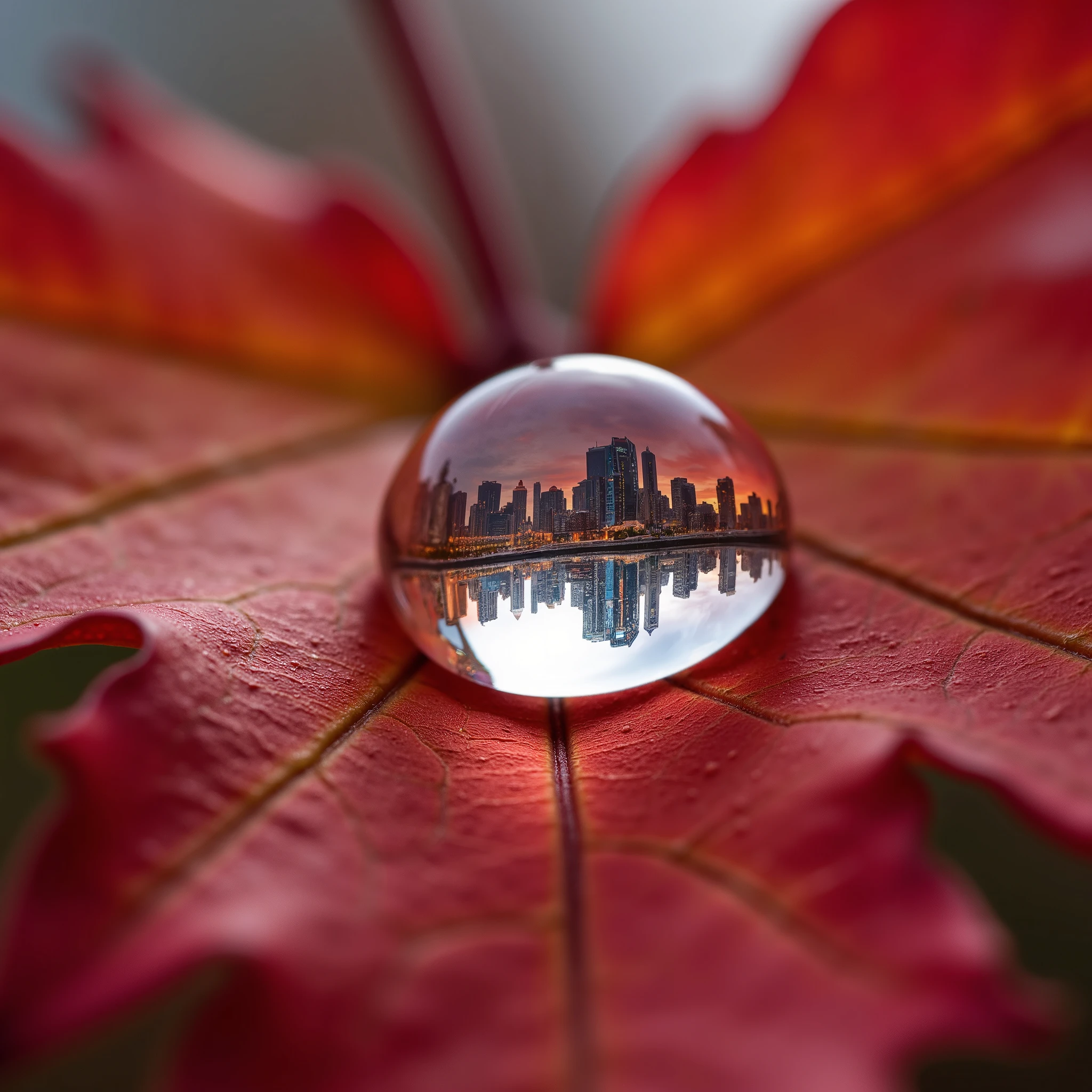  photo macro photography ,  close-up ,  a drop of water on a scarlet maple leaf ,  which will reflect the modern city around , cityscape reflected in a drop of water , incredibly photographic image quality,close view to a drop ,