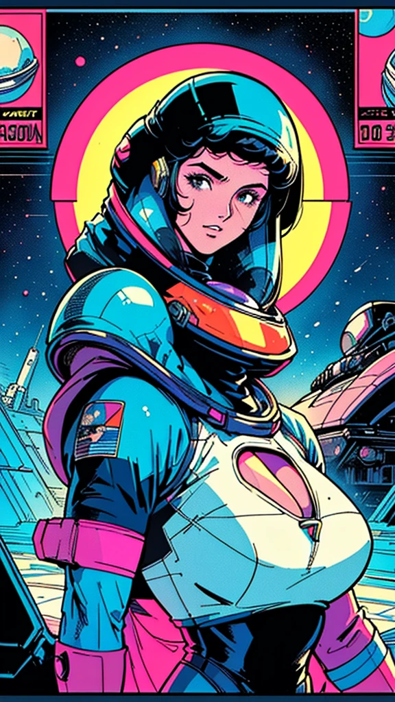 ((( Best Quality Masterpiece ))),(((Absolutely one woman))),(spacesuit that emphasizes cleavage ),((( 70s and 80s space thriller movie posters))),( American Comics ),((( retro vintage style ))),Overwhelmingly complex depiction,Absolute machine group background, futuristic cyberpunk ,Extremely accurate and delicate depiction,