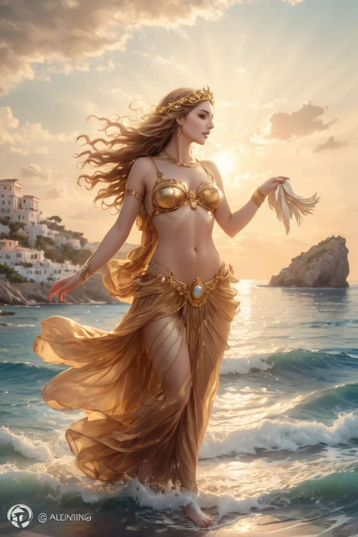  A naked woman in a golden skirt is walking on the beach, Karol behind uhd, Magnificent Goddess , Goddess of Greek mythology, Aphrodite Goddess of love, Goddess of the Sea, greek goddess, beautiful maiden,  beautiful lion goddess ,  Magali Villeneuve &#39;, Woman fantasy, Goddess of the Ocean, Goddess of travel ,  by Alexander Kucharsky 