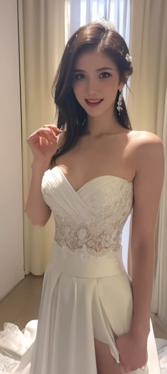 ((Best Picture Quality, 8k, tmasterpiece:1.3)), 1girl, perfect figure beautiful woman:1.3, ,((wedding gown，short  skirt))，Ultra-fine face,  detailed eyes on board,  double eyelids，ssmile