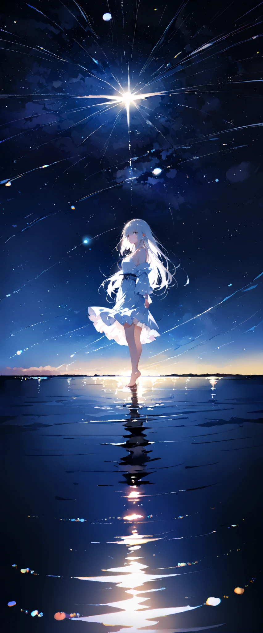 (best quality:1.4),(hiten1:0.49),(light:1.543),(full body:1.23),(Leaning forward slightly:1.183),(from below),(wind blows:1.421),(blue, red, pink, flower clusters: 1.6532),(looking at viewer)
Deep view,(lights:1.1), (blue, red, pink, flower clusters: 1.6532),(Petals floating on the water:1.212),(stone),(starry sky:1.5),(shooting stars:1.5),(galaxy:1.543)
(one girl:1.54), (standing in the water:1.642),bare legs,(long long white hair:1.34),(ends of the hair turn blue:1.06),(small:1.12),(white eyes:1.21),(arms behind back:1.425),(blush:1.1),(thigh:1.1),(thigh lace-up:1.3),butterfly,butterfly hair ornament,(thighs:1.08),(cleavage:1.24),necklace,(sapphire decoration),(Wide sleeves),