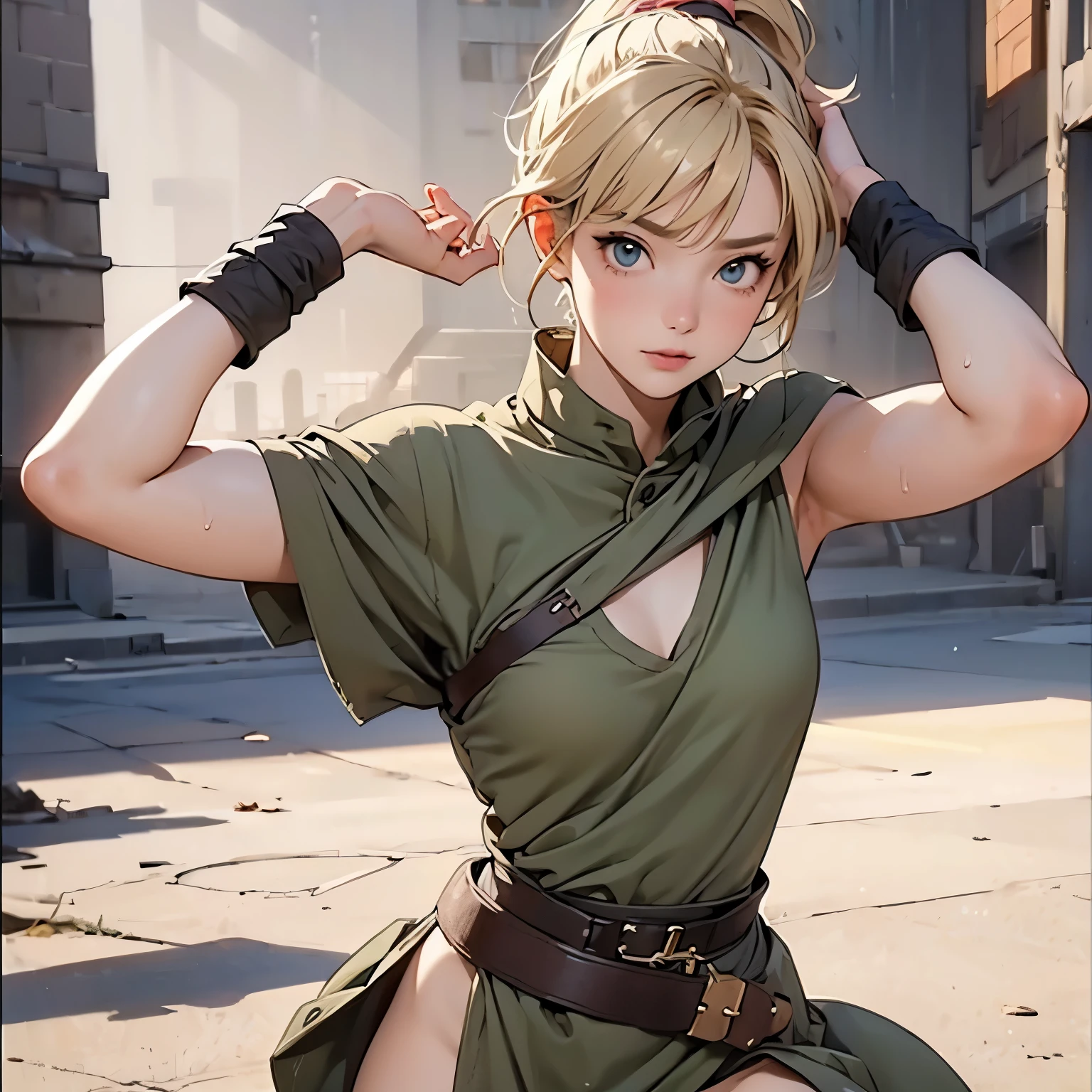 Naked Woman, artoria pendragon, Type-Moon, fate/ stay night,floating,comiccore,filigree quasar,super realistic,super detailed wallpaper,8K,Aho,Green eyes,Royal sister,Long blond hair,Delicate and small earrings,Exposing belly,Long legs,On the Street,Dynamic Angle,Dynamic poses,Best picture quality,Original,high quality, --ar 9:16 --q 5 --niji 5