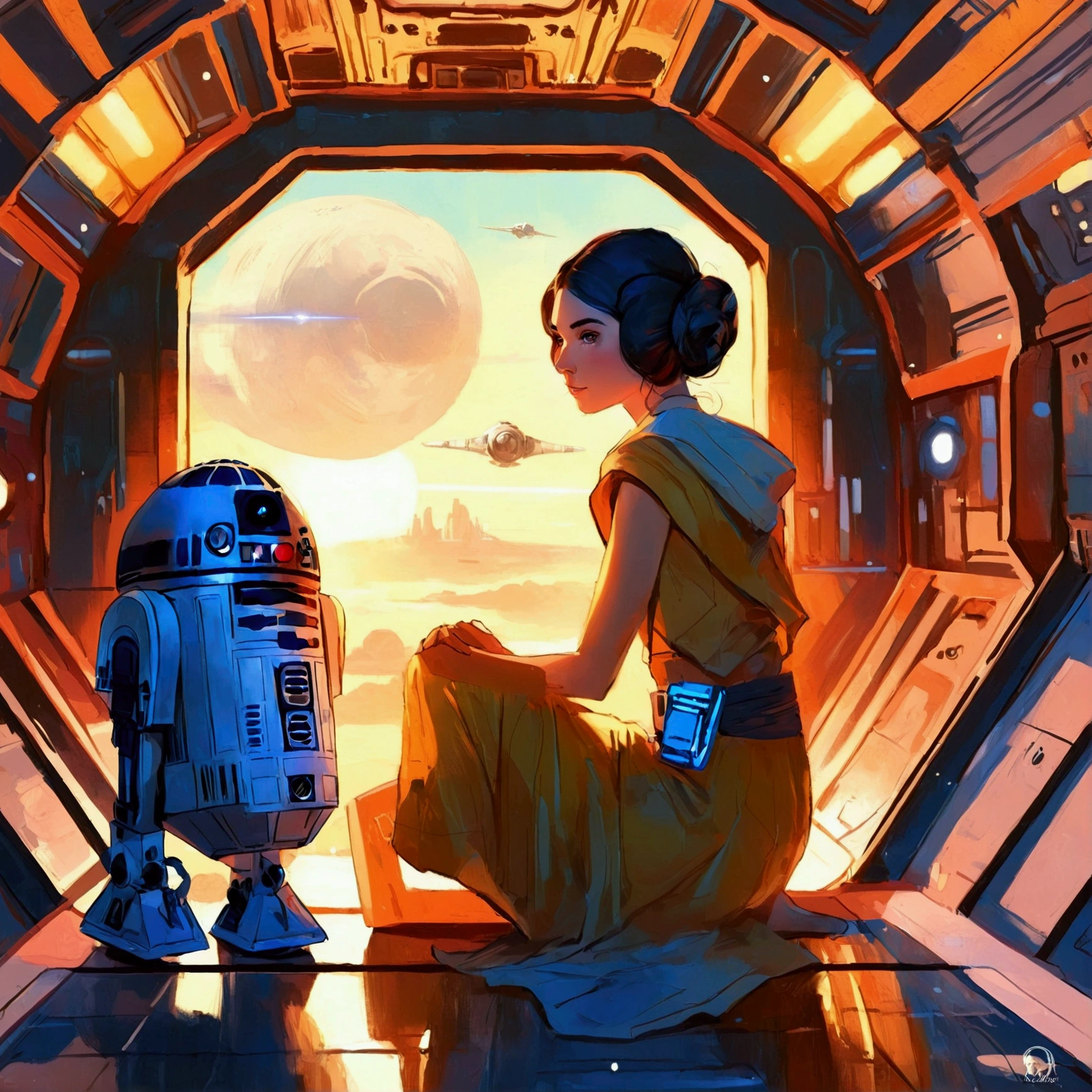  woman kneeling with two R2D2s in front of a spaceship window by Ross,  Star Wars Art ,  Star Wars Characters ,  Star Wars Digital Art by Rodelle Gonzalez ,  Lois Van Rothdraw ,  Star Wars Digital Art , rossdraws による, rossdraws による, Ross Tranにインスパイアされた, Female Jedi, Artgerm and Atey Ghailan ,  Star Wars Atmosphere 