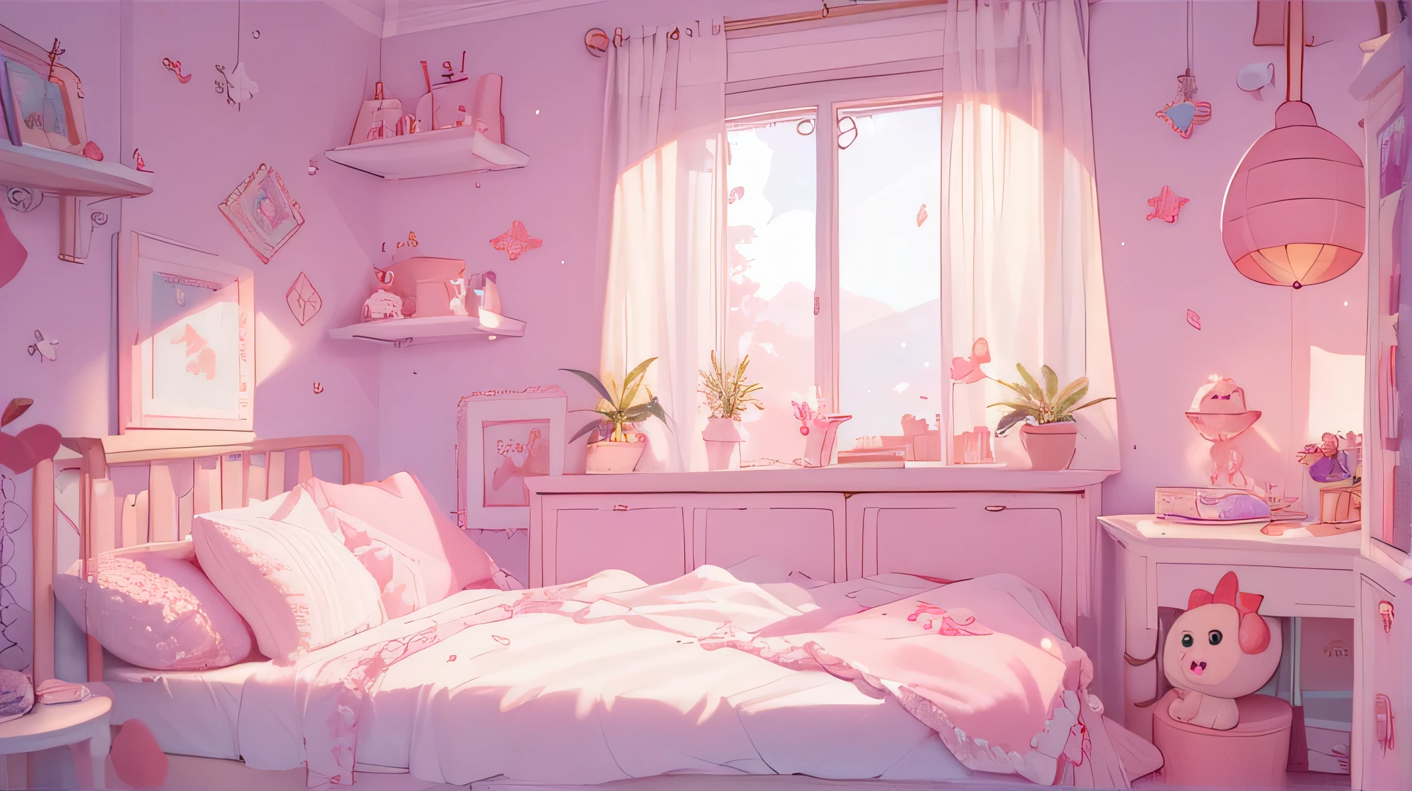 There is a pink bedroom with a bed and a window - SeaArt AI
