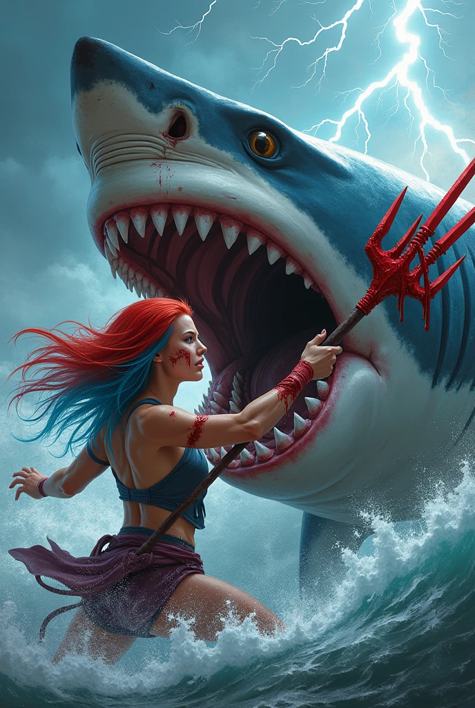 The Shallows Movie, a girl doing surfing, a shark emerges from behind with big teeth, blue water, realistic