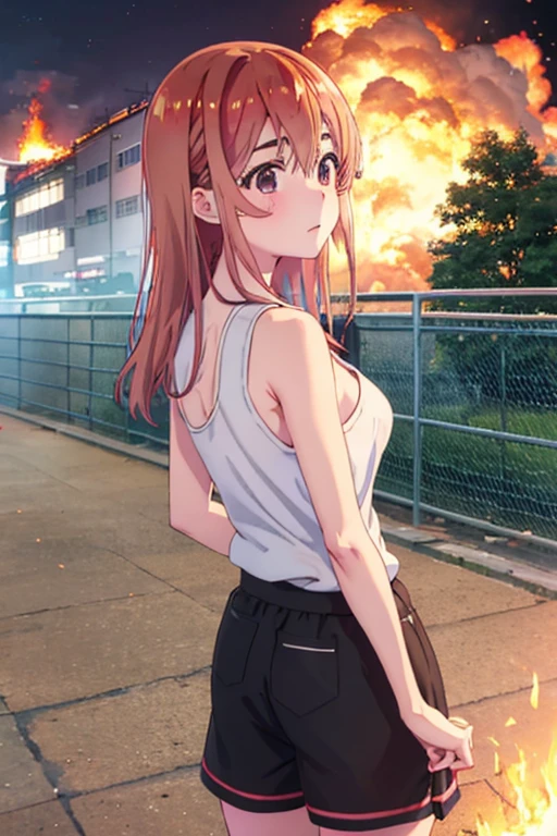 Sumi Sakurasawa、holding hundgun、at night、fence、1 girl、 cleavage、 Black Tank Top、 sexy black shorts、Turn around and show your butt、Infiltrate a military base、Military base exploding in flames、The building is on fire