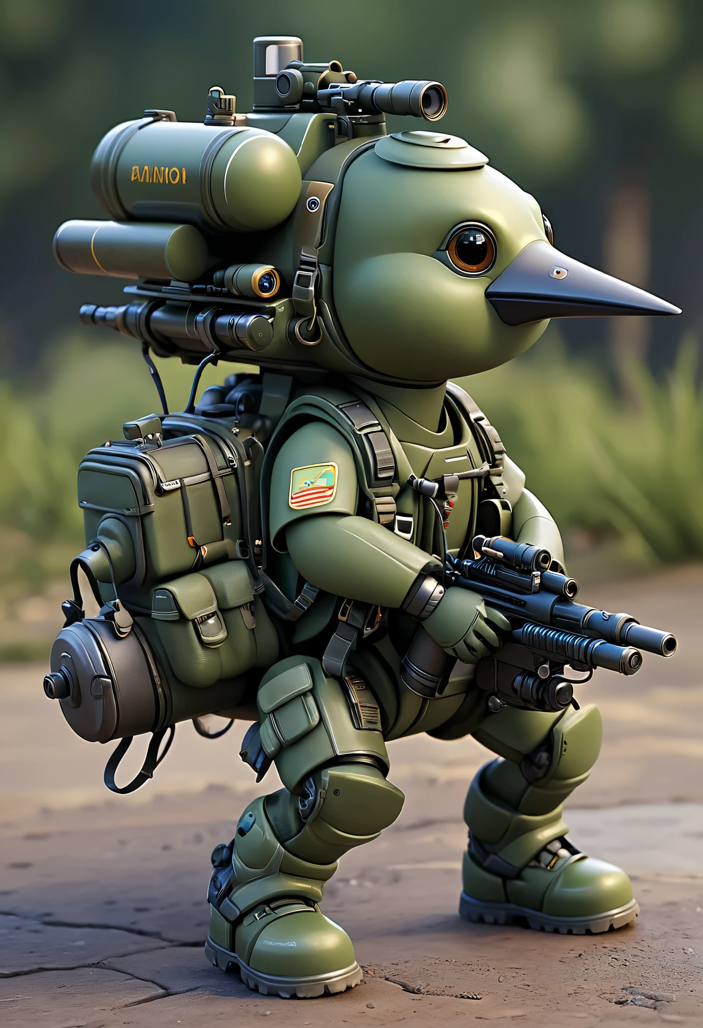 Photorealistic Cute figure, Real little bird on all fours , with heavy machine, Missile pod on back , canon, grenade launcher, heavy backpack,