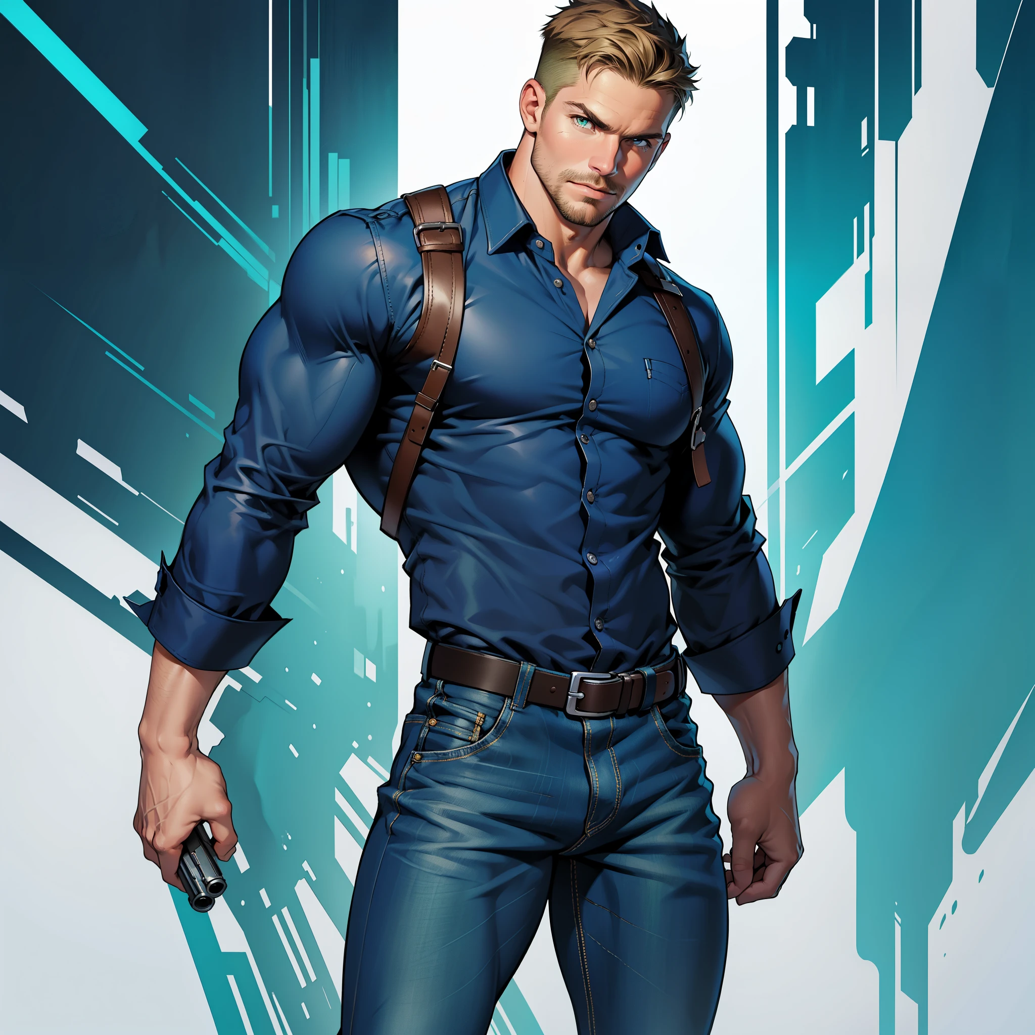 1 man, male focus solo,45 yo man,Stephen AMELL as private investigator, lean muscle, open blue shirt, marine blue jeans with brown belt ,( big bulge), full body shot, dark blond short hair, well groomed facial hair, holding a gun with one hand, , ultra high quality, masterpiece, ( ever changing background, blue and white and green arabesques lines in the blackground)