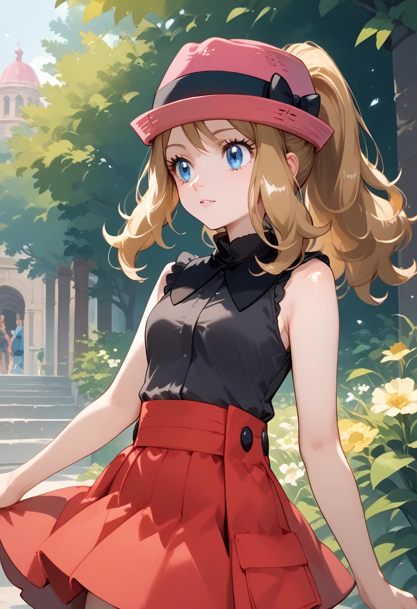 score_9, score_8_up, score_7_up, source_anime, serena, 1girl, solo, blue eyes, long hair/Short/ponytail hair, eyelashes, blonde hair, skirt, hat, pink headwear, sleeveless, shirt, sleeveless shirt, red skirt, hat bow, black shirt
