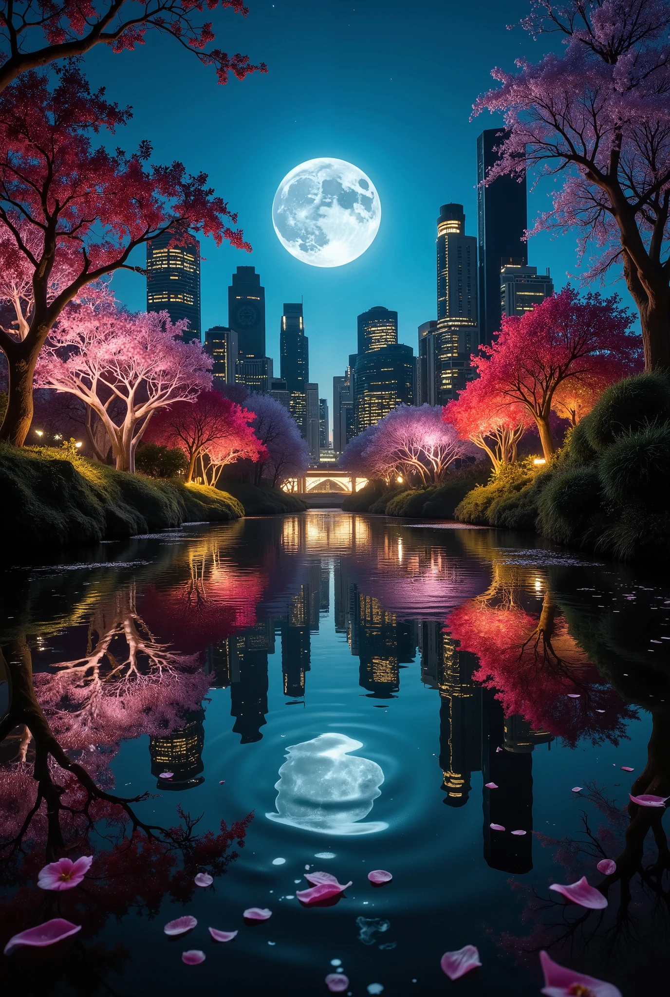 A mesmerizing photographic masterpiece focusing solely on the water reflection of a vibrant modern cityscape with towering illuminated skyscrapers during a serene, clear blue full moon night. The reflection captures vivid details of the skyline, glowing city lights, and the ethereal silvery hue of the moonlight. Surrounding the city, colorful flower trees with blossoms in shades of pink, red, and purple contribute to the beauty, their petals scattered delicately across the water’s surface. The image showcases the tranquil, mirror-like quality of the water, creating an abstract, dreamlike effect. Photographed in an artistic style reminiscent of Peter Lik's vivid and immersive compositions, this piece is shot with a Sony A7R IV full-frame mirrorless camera, paired with a 24-70mm f/2.8 GM lens for exceptional clarity and dynamic range. The composition emphasizes symmetry, vibrant colors, and an almost surreal atmosphere, transforming the reflection into a standalone, award-worthy work of art.