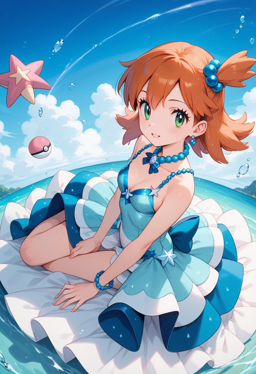 (Misty_Pokemon)
(Berry Short,Orange Hair,one side up hair,Big green eyes,Small breasts,Skinny) Ball Gown: This is a dress exclusive to Pokémon Contests, introduced in the sixth generation of the video games. It is a Japanese idol dress with pastel and bright blue colors, decorated with various ornaments such as pearls, diamonds or starfish. It is a beautiful dress that represents the sea.. It includes a bow,  high heels, and a golden bracelet to Mega Evolve .Dress in blue tones, beautiful shiny dress, 