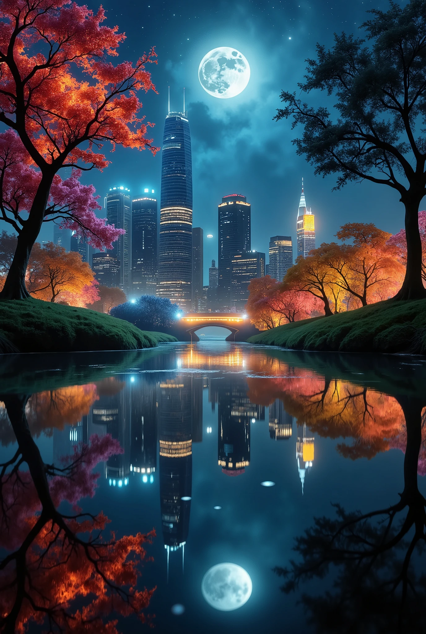 A mesmerizing photographic masterpiece focusing solely on the water reflection of a vibrant modern cityscape with towering illuminated skyscrapers during a serene, clear blue full moon night. The reflection captures vivid details of the skyline, glowing city lights, and the ethereal silvery hue of the moonlight. Surrounding the city, colorful flower trees with blossoms in shades of pink, red, and purple contribute to the beauty, their petals scattered delicately across the water’s surface. The image showcases the tranquil, mirror-like quality of the water, creating an abstract, dreamlike effect. Photographed in an artistic style reminiscent of Peter Lik's vivid and immersive compositions, this piece is shot with a Sony A7R IV full-frame mirrorless camera, paired with a 24-70mm f/2.8 GM lens for exceptional clarity and dynamic range. The composition emphasizes symmetry, vibrant colors, and an almost surreal atmosphere, transforming the reflection into a standalone, award-worthy work of art.