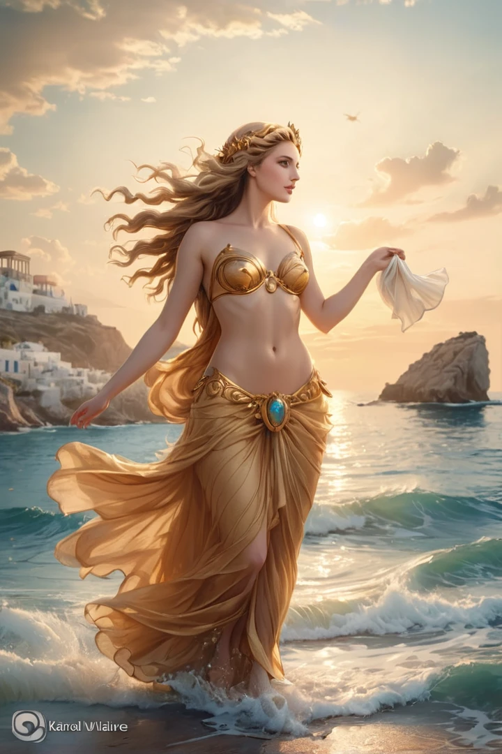  A naked woman in a golden skirt is walking on the beach, Karol behind uhd, Magnificent Goddess , Goddess of Greek mythology, Aphrodite Goddess of love, Goddess of the Sea, greek goddess, beautiful maiden,  beautiful lion goddess ,  Magali Villeneuve &#39;, Woman fantasy, Goddess of the Ocean, Goddess of travel ,  by Alexander Kucharsky 