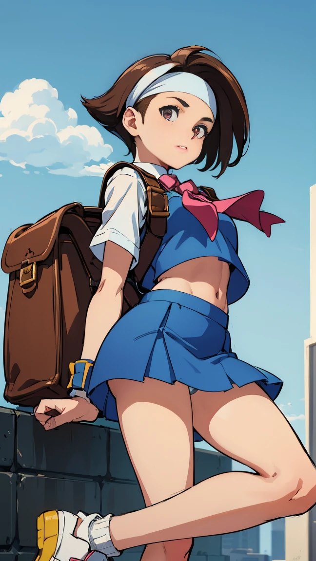 whole body, straight body,  1 girl, highest quality, best shadow, angle, brown pupils, A breeze blows, (anime style), ((reflected light)), ((highest quality)), 1080p, detailed small breasts, realistic skin feel, head band, blue top, Blue blouse, (Pleated super short skirt:1.3), (mini skirt:1.3), leather gloves, socks, white sneakers, white shirt, Pink neckerchief, panty focus,  (((Highlight the blue vest))), ((Highlight short brown hair)),  from below, Skirt in the wind, high kick, Panty shot: 1.2, crop top overhang, Perfect white panties, bright eyes, Precise teeth with gaps, (beautiful and delicate eyes: 1.2), accurate anime girl face, there is no floor, Lack of ground, accurate anatomical hand, brown square backpack,  head band, white sweatband,