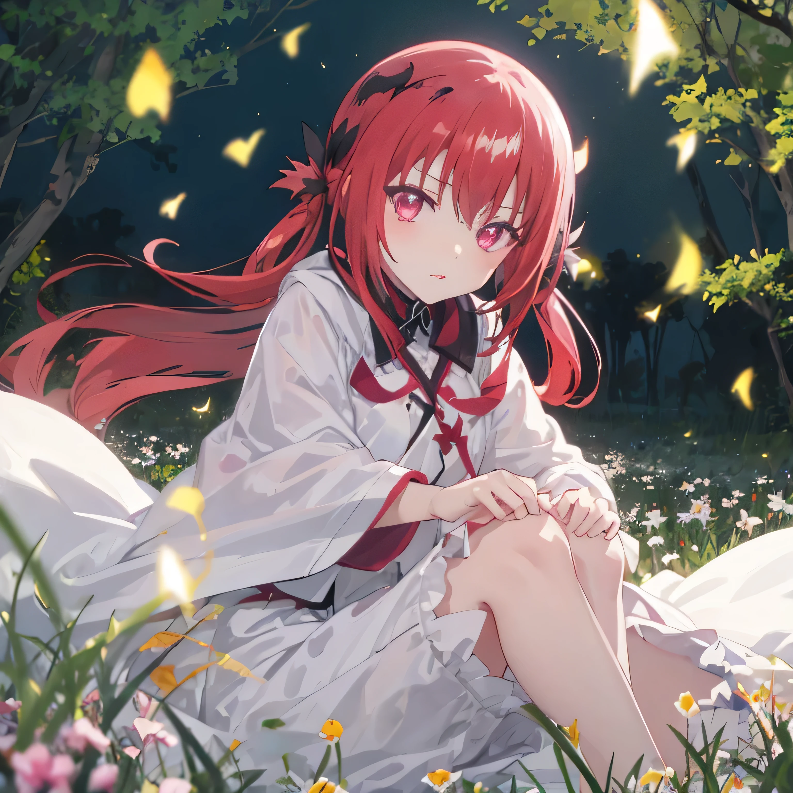 Fireflies tree big field in the middle of nature 
Beautiful night Satanichia McDowell lying down soft lighting doing a nice big pose beautiful white clothing magenta eyes red hair detailed arms and hands