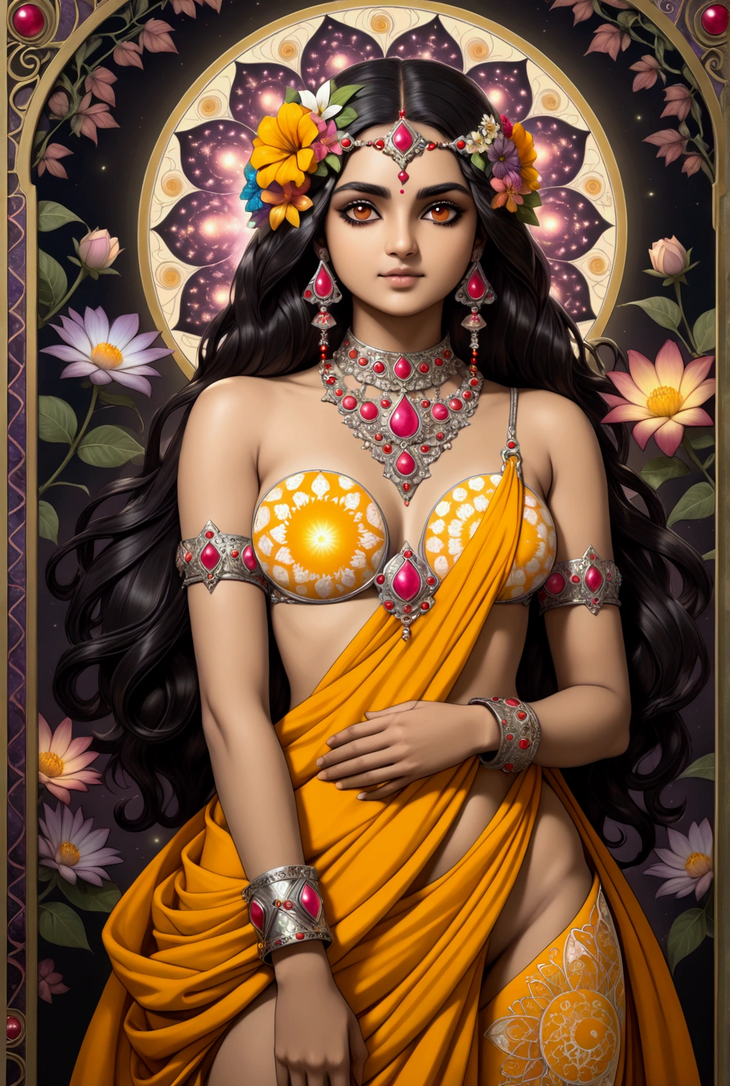 (masterpiece, top quality, best quality, official art, beautiful and aesthetic:1.2), (1girl:1.3), (fractal art:1.3), card, tarot, hair flower, (good lighting:1.1), ((highres)), Tarot card style, topless , Anupama